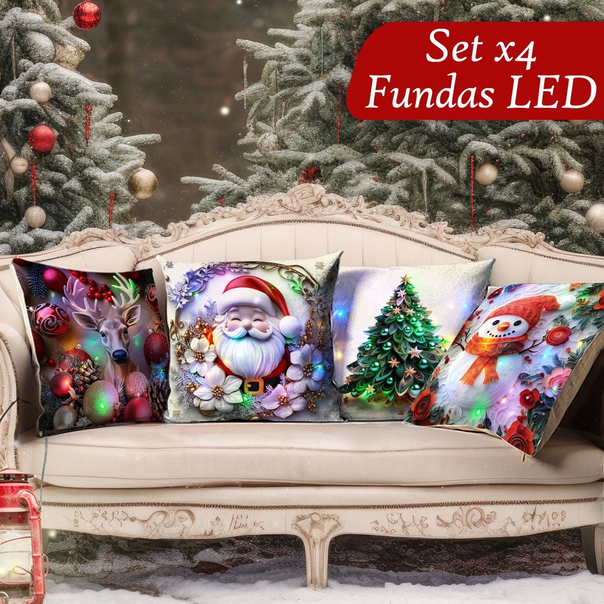 Set Fundas Navideñas x4 Con Luces SFN01
